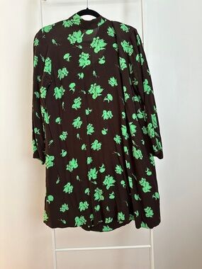 Ganni Brown Dress with Bright Green Floral Print